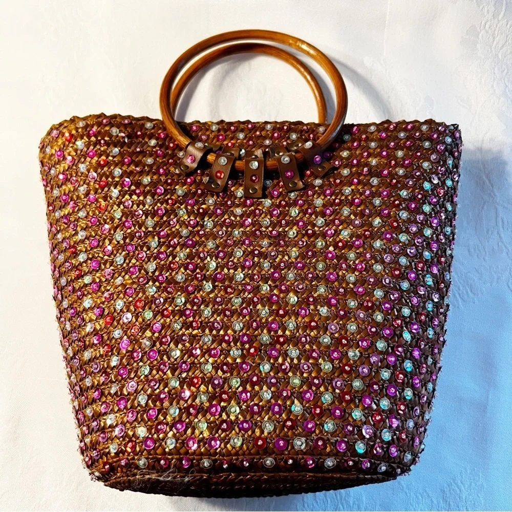Victoria Secret sequined basket bag with wooden handles. Vintage